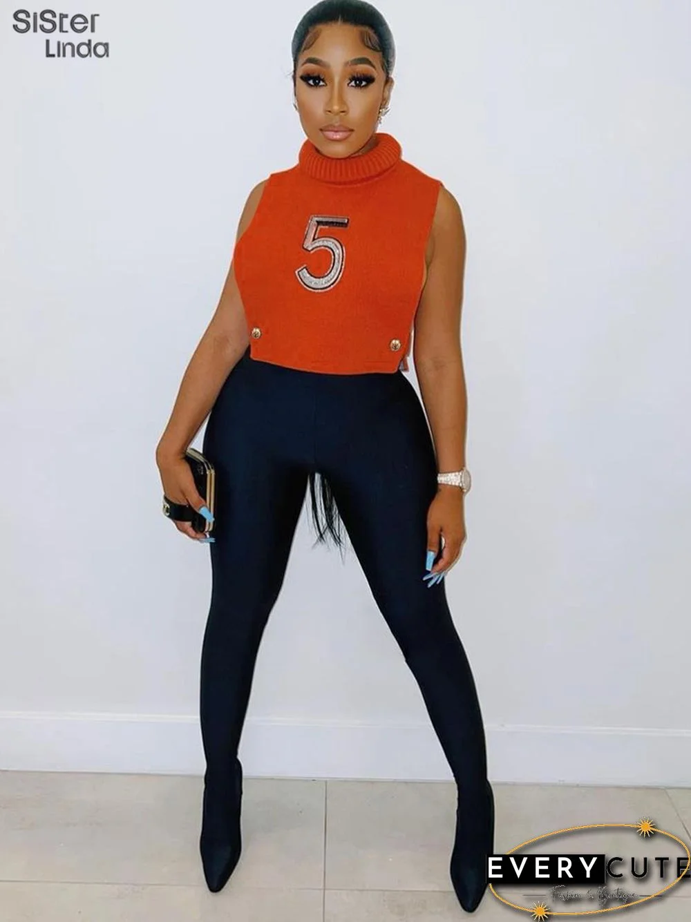 Casual Letter Embroidery Y2K Tank Top Women Sleeveless Knit Turtleneck Side Hollow Wild Slim Stretch Trend Vest