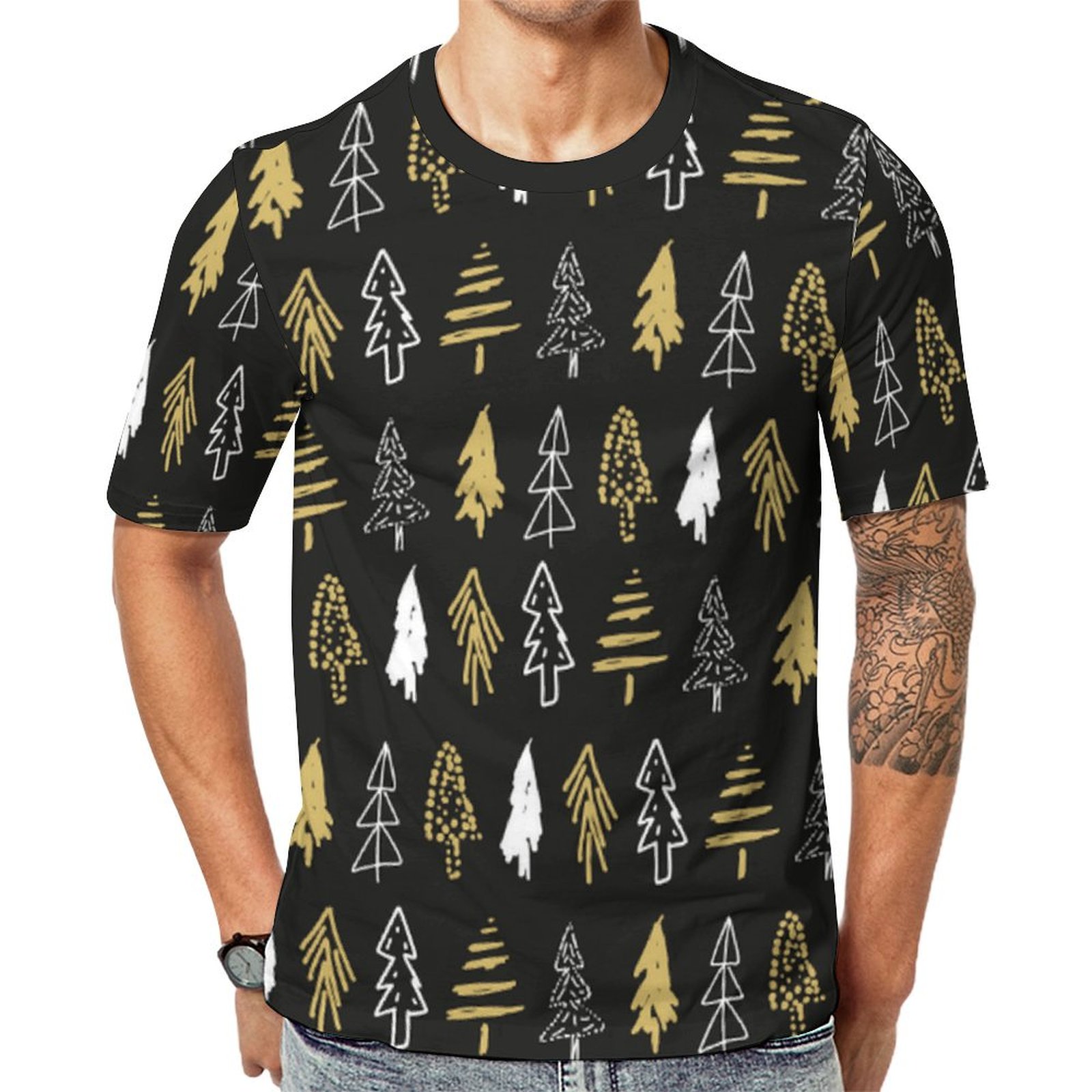 Elegant Black Gold Christmas Tree Forest Short Sleeve Print Unisex Tshirt Summer Casual Tees for Men and Women Coolcoshirts