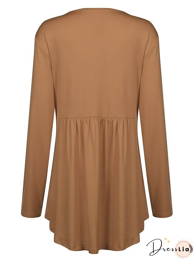 T shirt Tee Light Blue claret Deep Purple Plain Button Flowing tunic Long Sleeve Daily Weekend Basic V Neck Long Plus Size L for Women