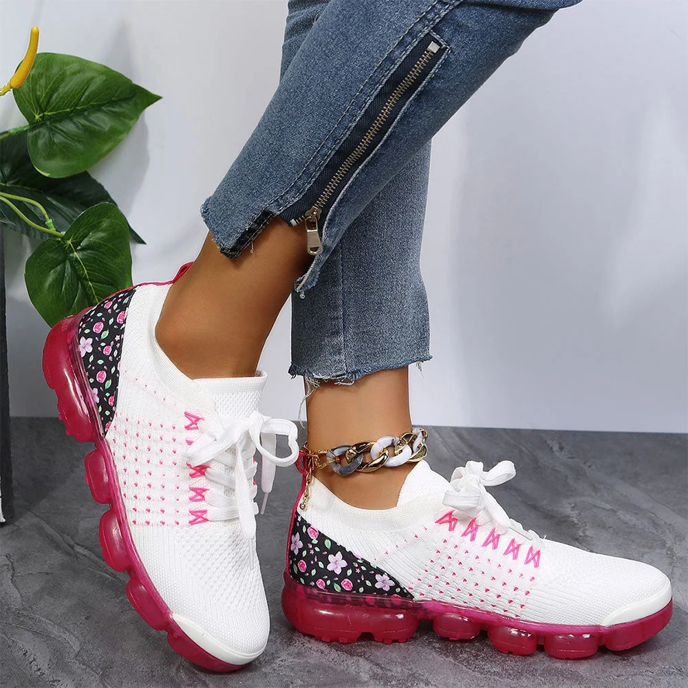 Smiledeer Ladies Lace-Up Floral Lace-up Lightweight Comfortable Sneakers