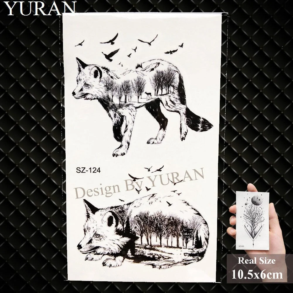 YURAN Black Mountain River Geometric Tattoo Stickers Women Body Arm Moon Temporary Tattoo Men Ankle Wolf Round Fake Tatoo 3D