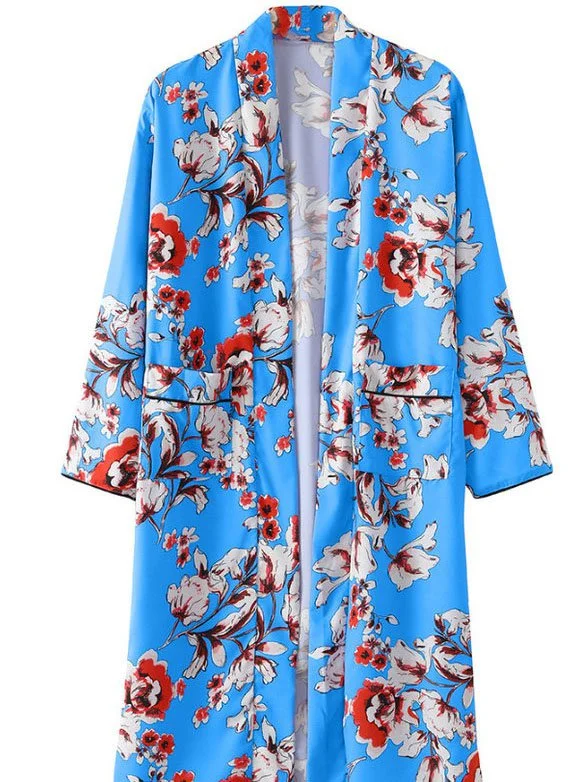 V Neck Floral Cotton-Blend Long Sleeve Outerwear