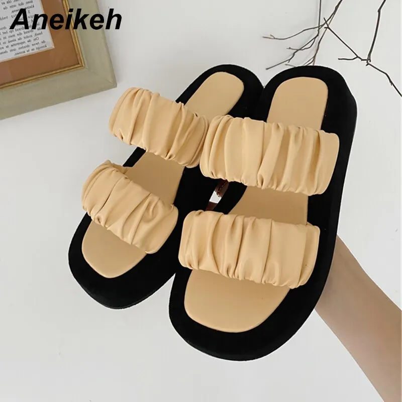 Aneikeh Summer Women Shoes Slippers Slides PU Rubber Basic Solid Outside Flat With Adult Pleated 35~39 Pleated Rome Platform