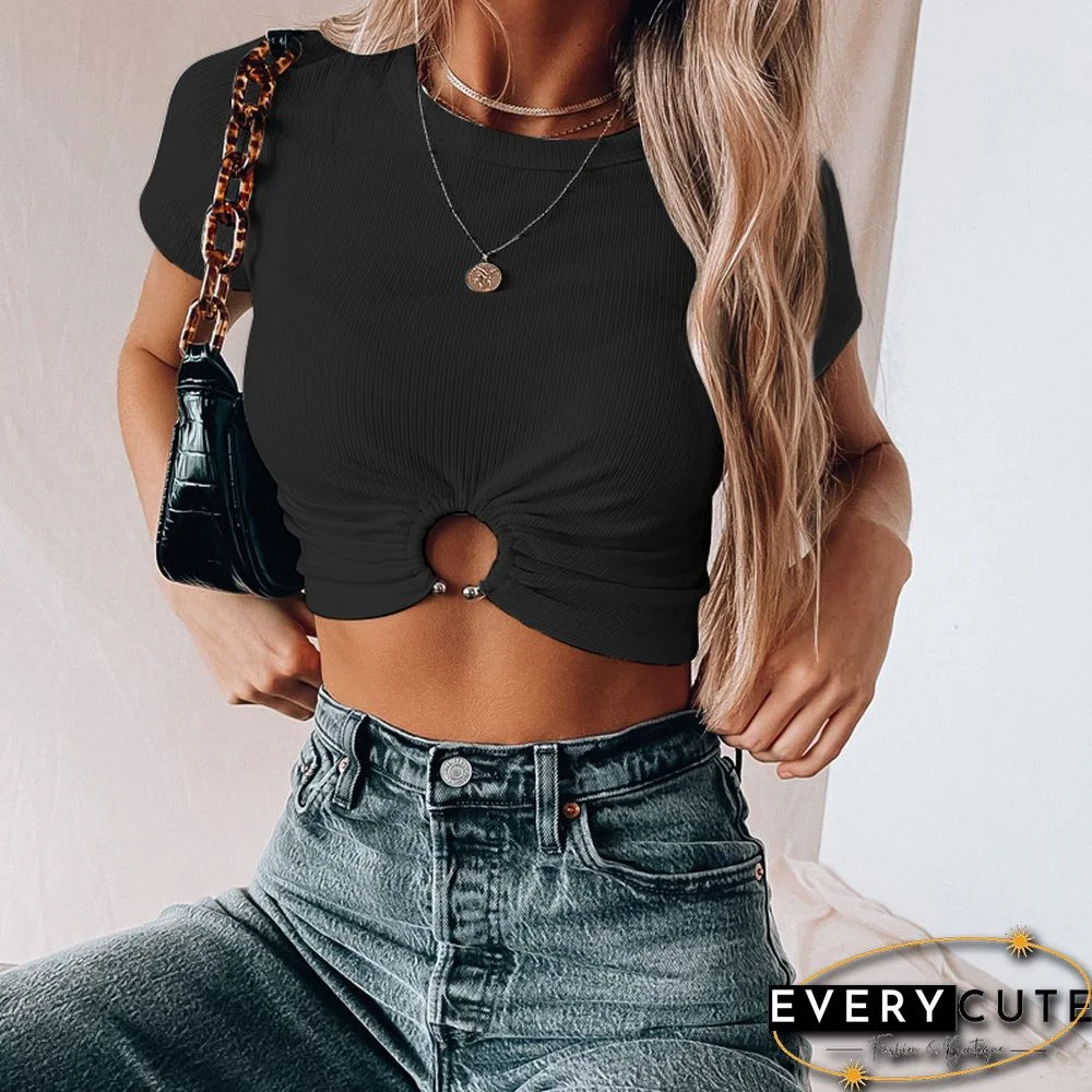 Aesthetic Crop Tops Summer Women Short Sleeve Knitted Tshirt With Hollow Ring Slim Streetwear Cropped Feminino
