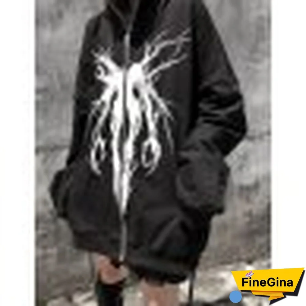 Zipper Gothic Print Oversized Hoodie