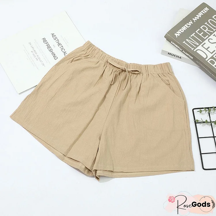 Casual Solid Color Elastic Waist Cotton Shorts For Women