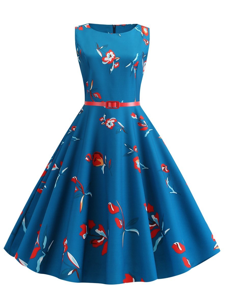 1950s Dress Sleeveless Printed Belt Waist Dress