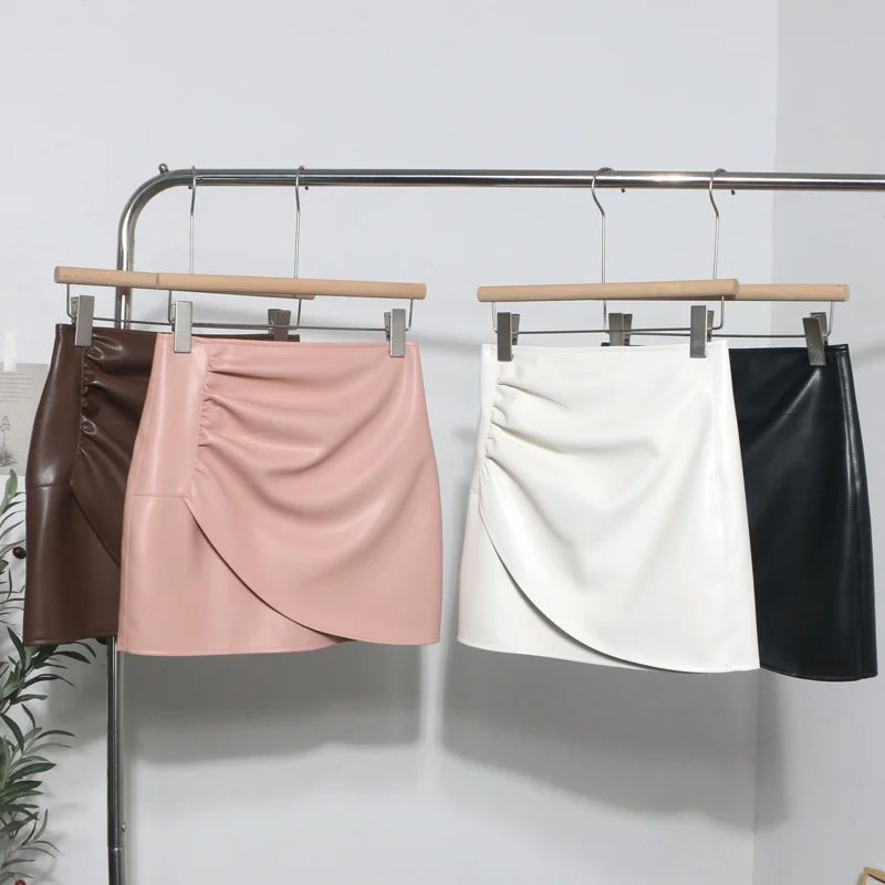 Uveng Real Shooting High-Waist Irregular Folded Cross A Word Pu Skin Small Man Short Skirt Women Autumn And Winter Bag Hip Skirt 1833