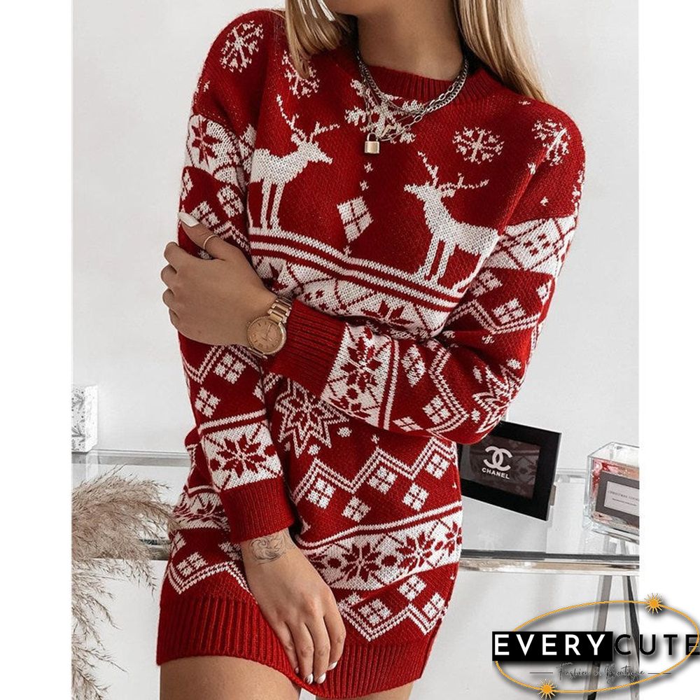 Xmas Print Knitted Sweater Dress
