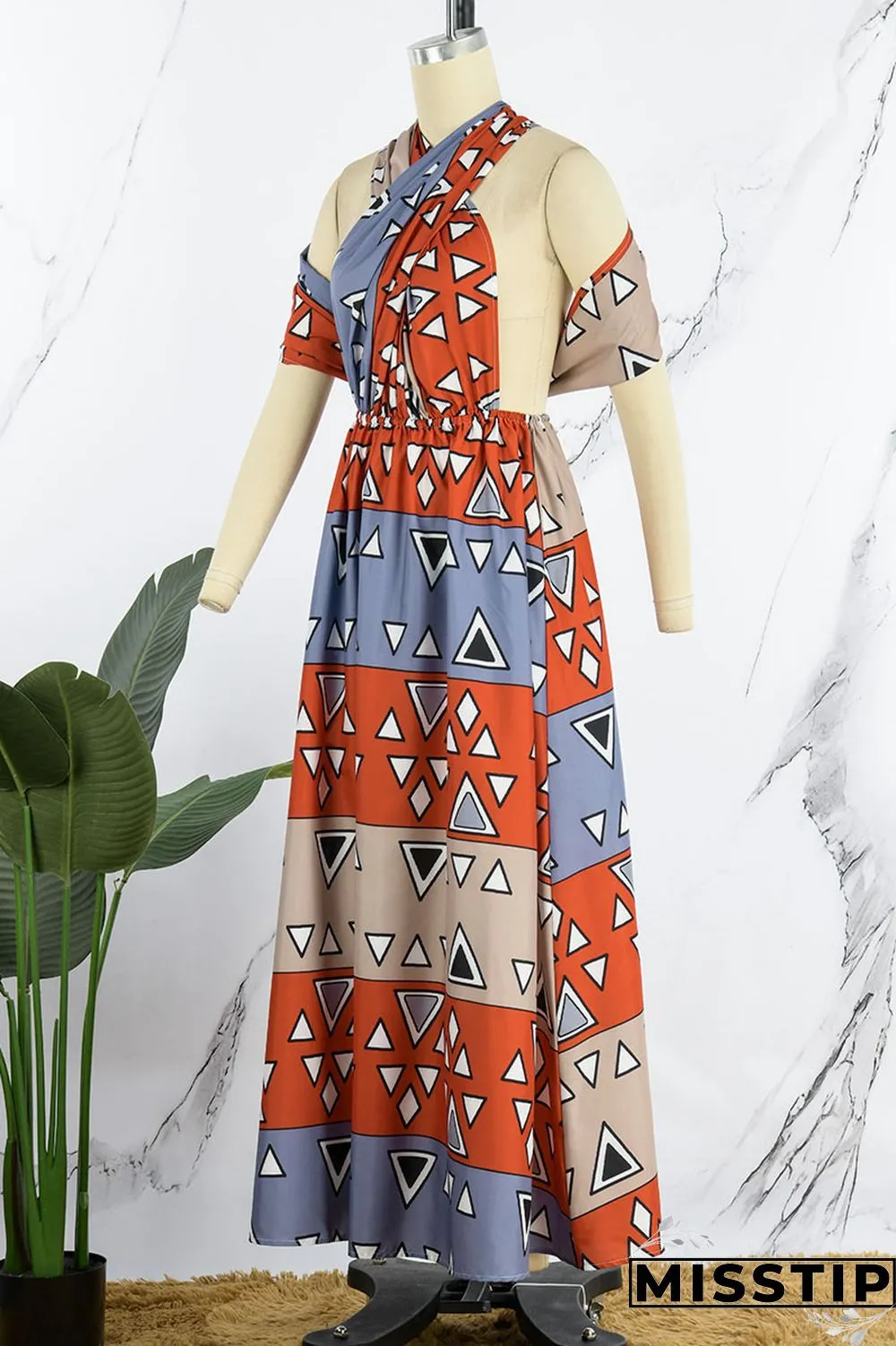 Brick Red Vintage Elegant Print Bandage Patchwork Asymmetrical Collar A Line Dresses