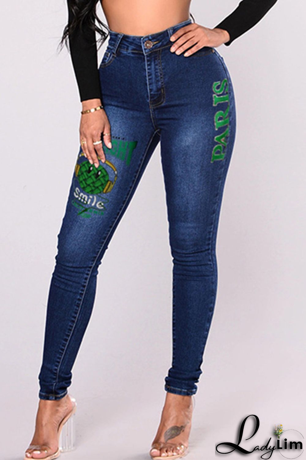 Black Fashion Casual Print Basic Mid Waist Skinny Denim Jeans