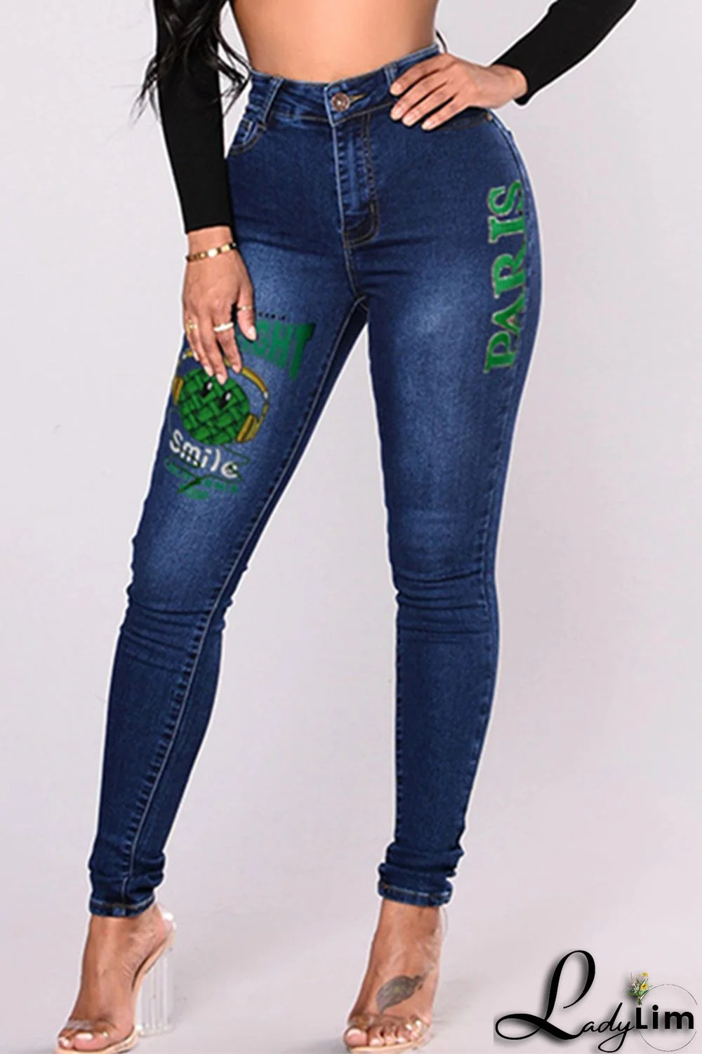 Black Fashion Casual Print Basic Mid Waist Skinny Denim Jeans