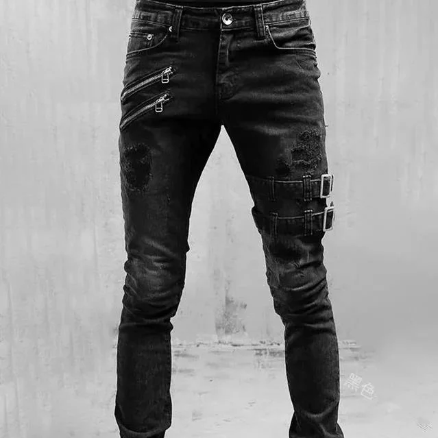 Men's Motorcycle Denim Jeans Elastic Leggings Jeans