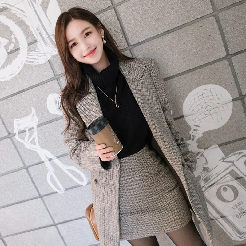 2pcs Set Suits Coat and Skirt Womens Autumn Jackets Plaid Tweed Coat Female Elegant Jacket Windbreaker Plus Size Outerwear