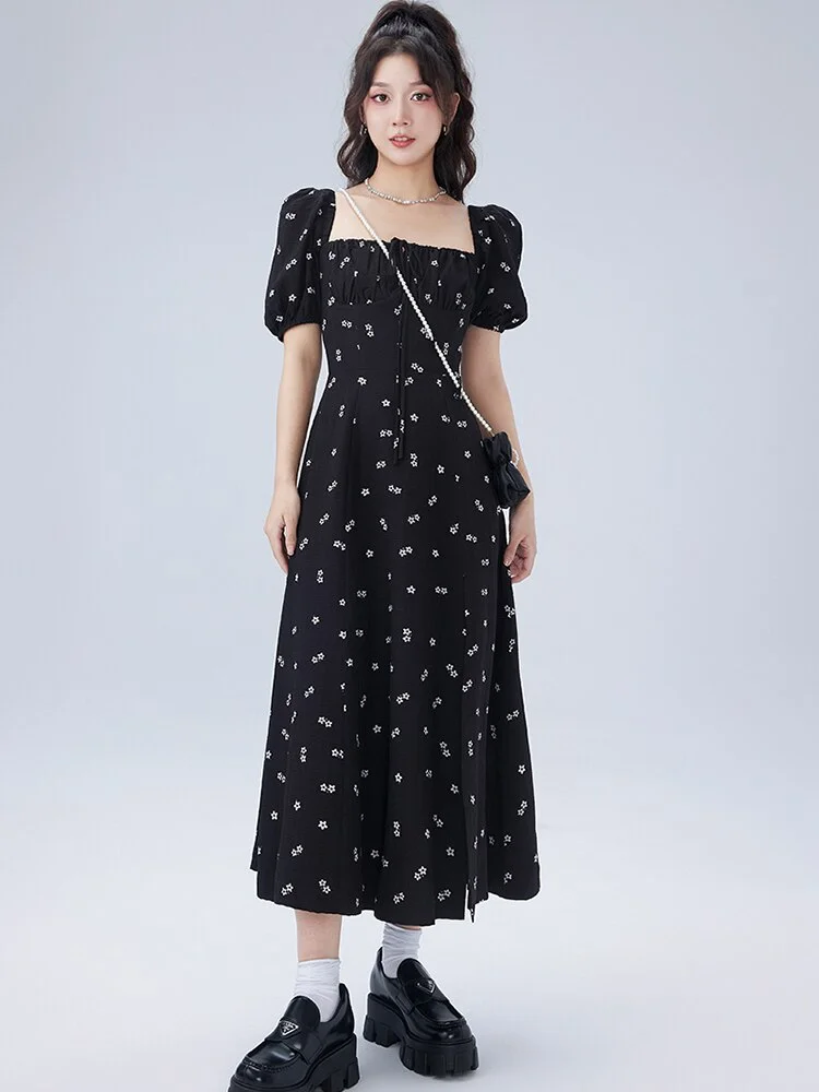 Uveng Office Lady Drawstring Design Square Collar Puff Sleeve Floral Sexy Midi Dress Women Elegant French Summer 2022 Clothing