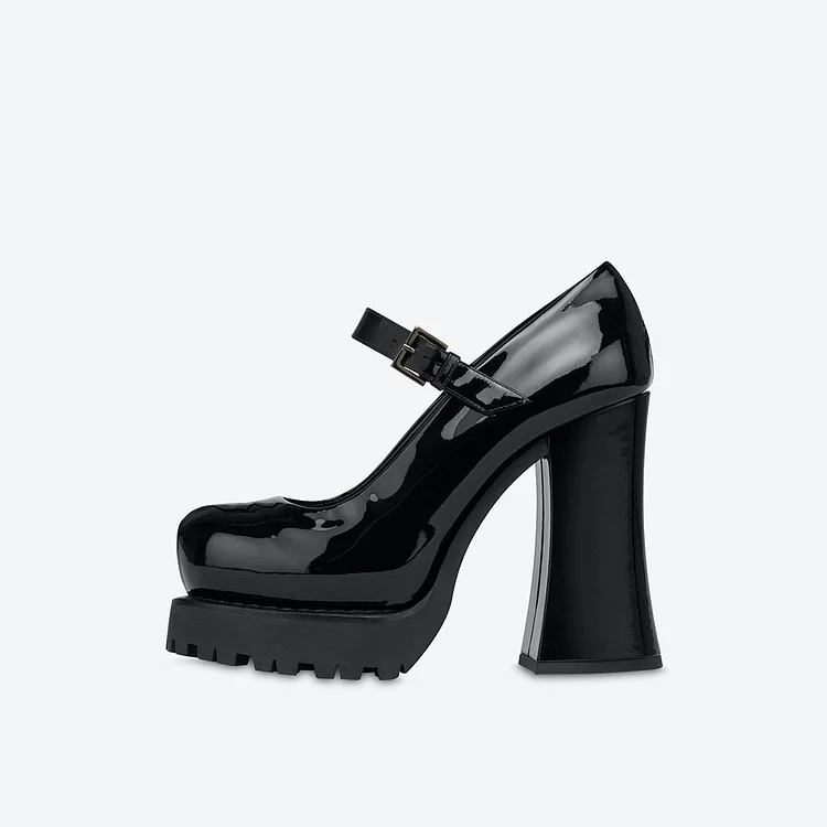 Classic Black Patent Leather Chunky Heel Platform Mary Janes |FSJ Shoes
