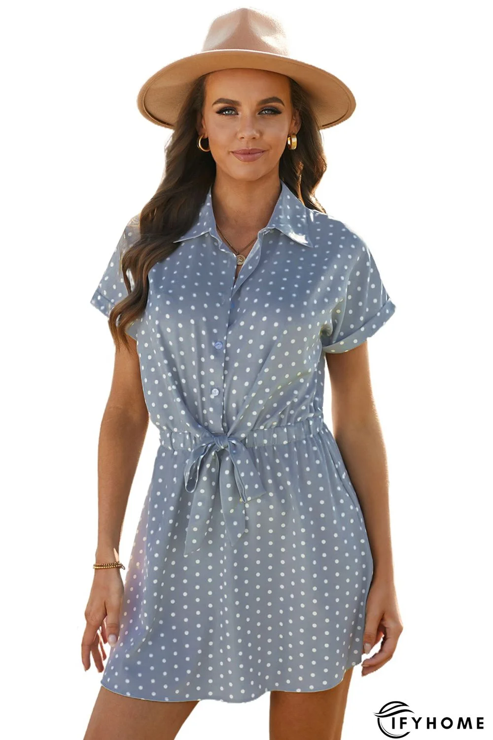 Polka Dot Shirt Collar Short Sleeve Mini Dress | IFYHOME