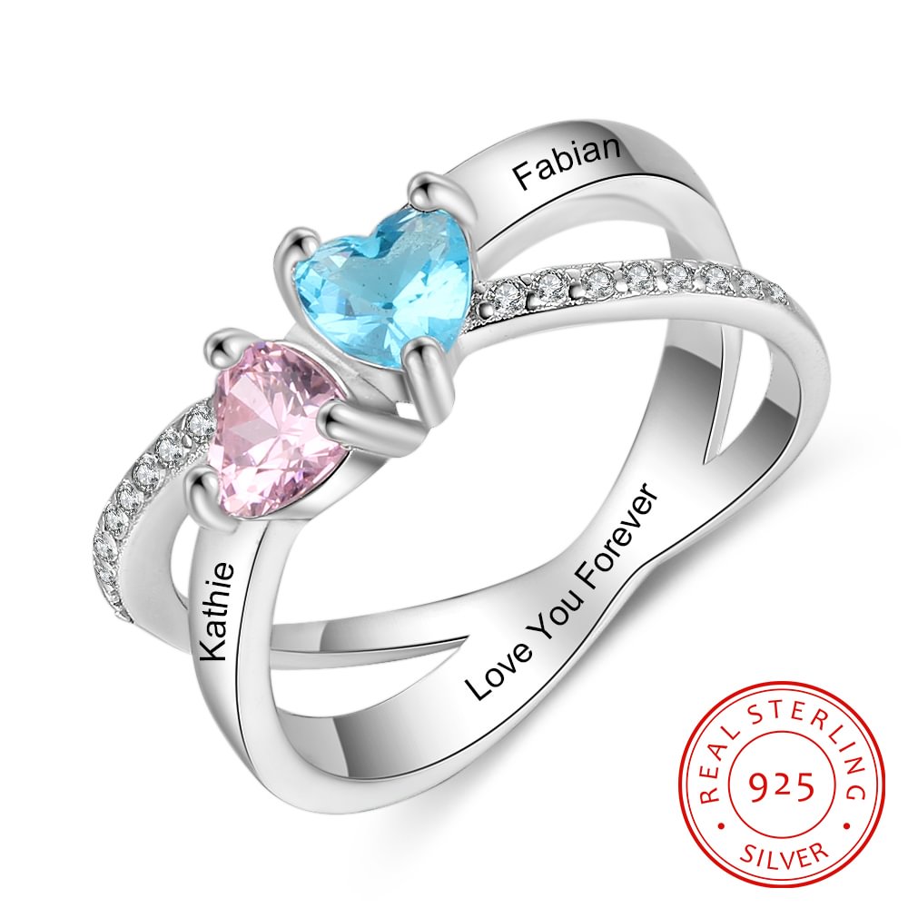 925 Sterling Silber Ring mit 2 Namen und 2 Geburtssteinen mit Gravuren n2-b2-t1 Kettenmachen