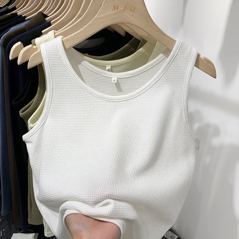 Ueong Spring And Summer New Simple Waffle Halter Vest Women's Underwear Loose And Thin Solid Color Blouse