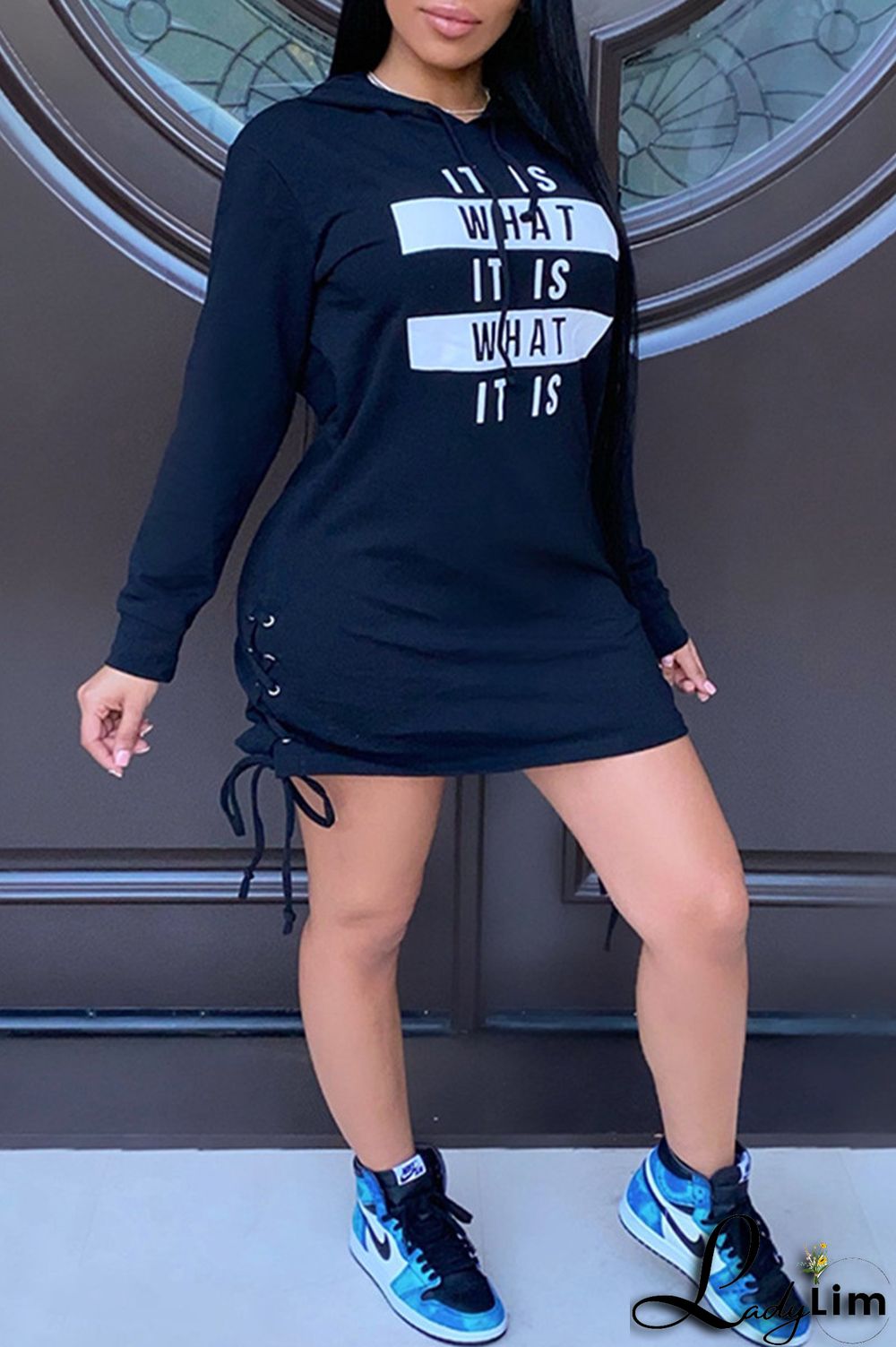 Black Fashion Casual Letter Print Frenulum Hooded Collar Long Sleeve Dresses