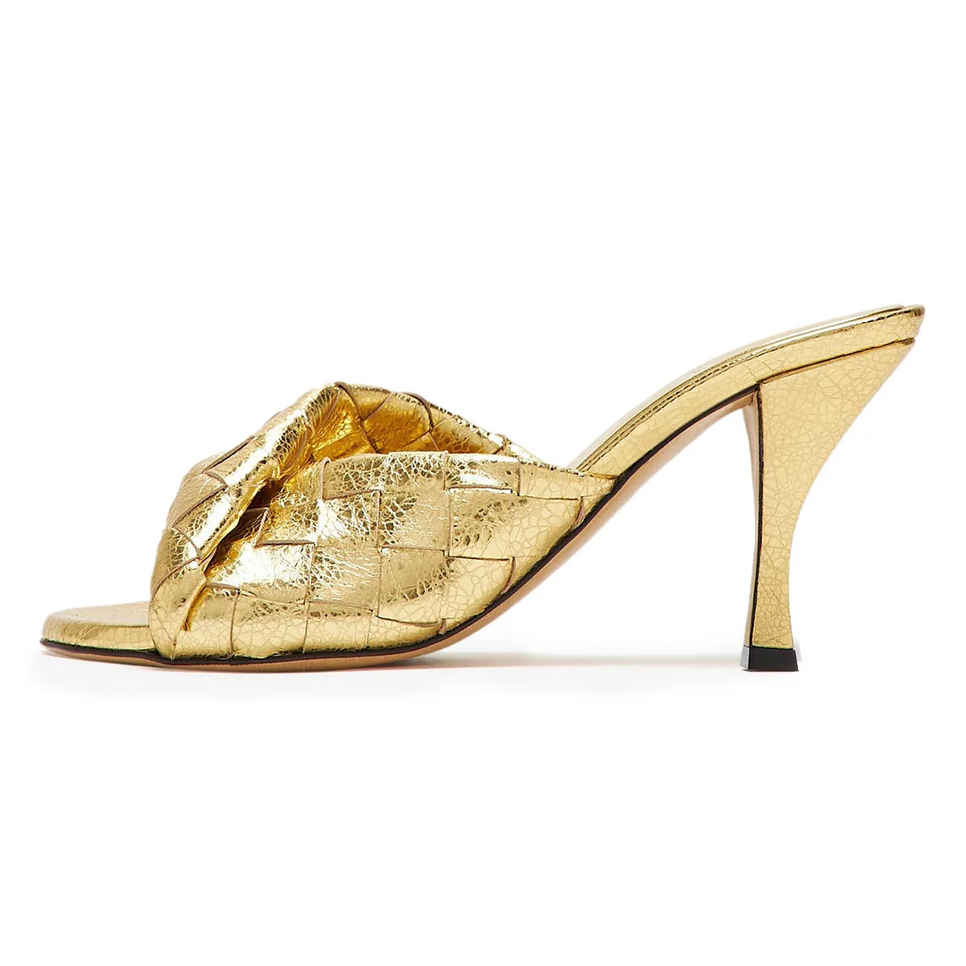 YDN Woven Straps Slip-On Open Toe Spool Heel Gold Sandals