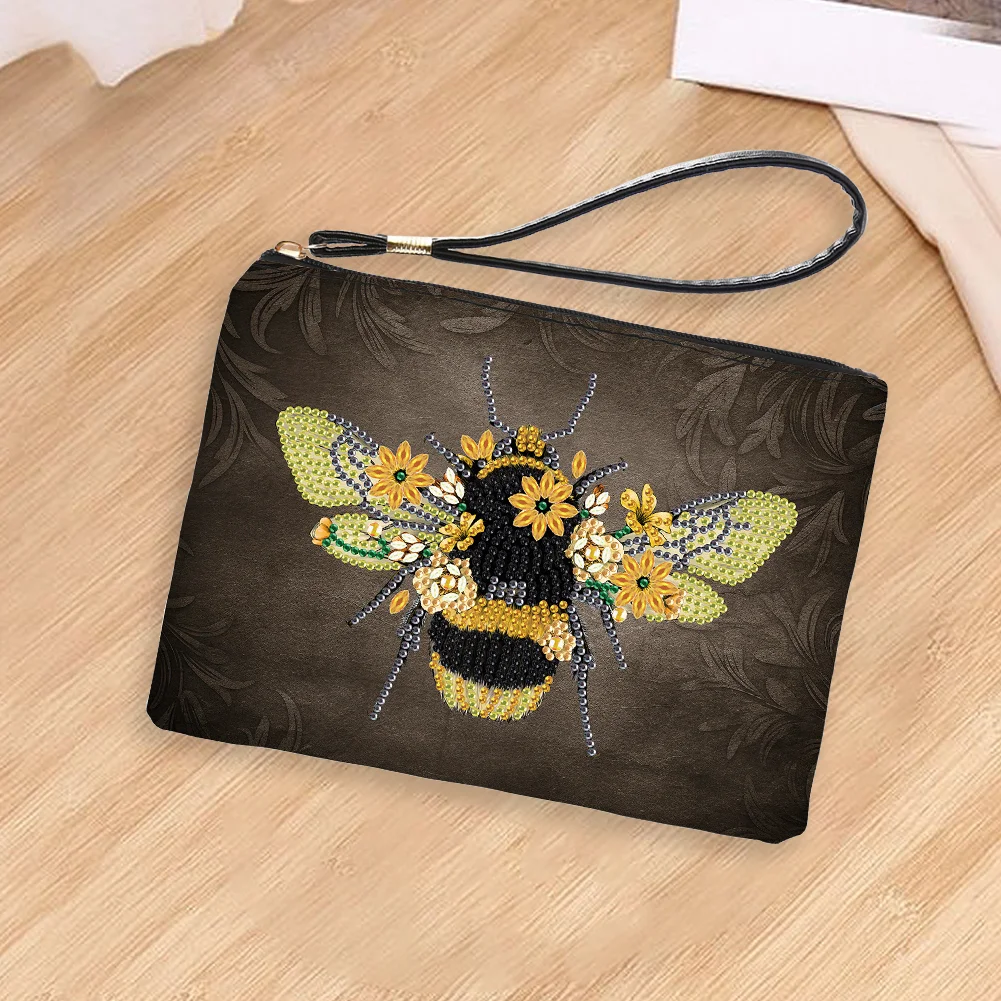 DIY Bee PU Partial Special Shaped Diamond Painting Wallet Makeup Bag