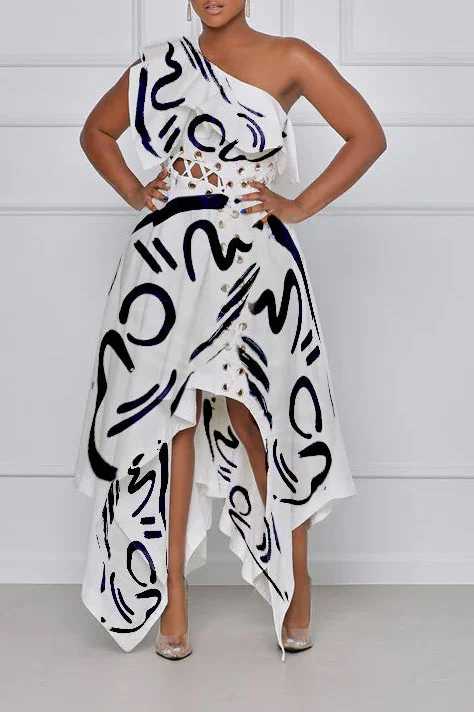 One Shoulder Print Irregular Midi Dresses