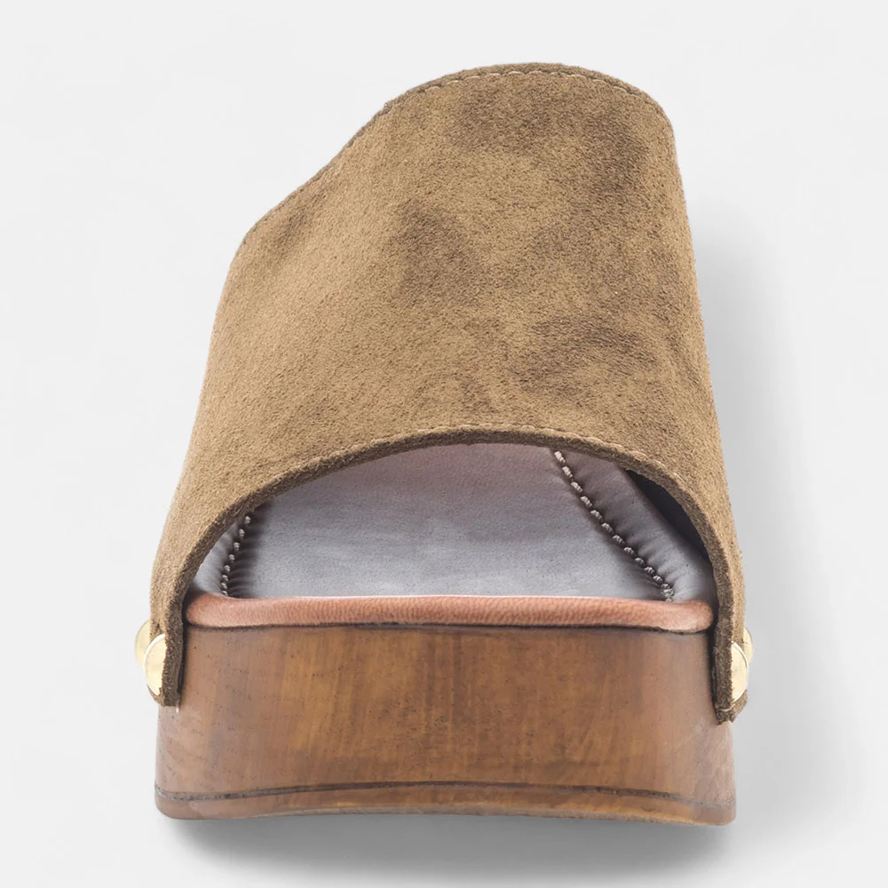 Brown Vegan Suede Open Toe Studded Block Heel Platform Slide Sandals