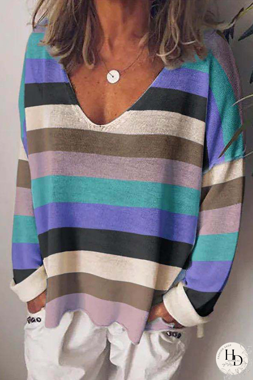 Casual Striped Split Joint V Neck Tops