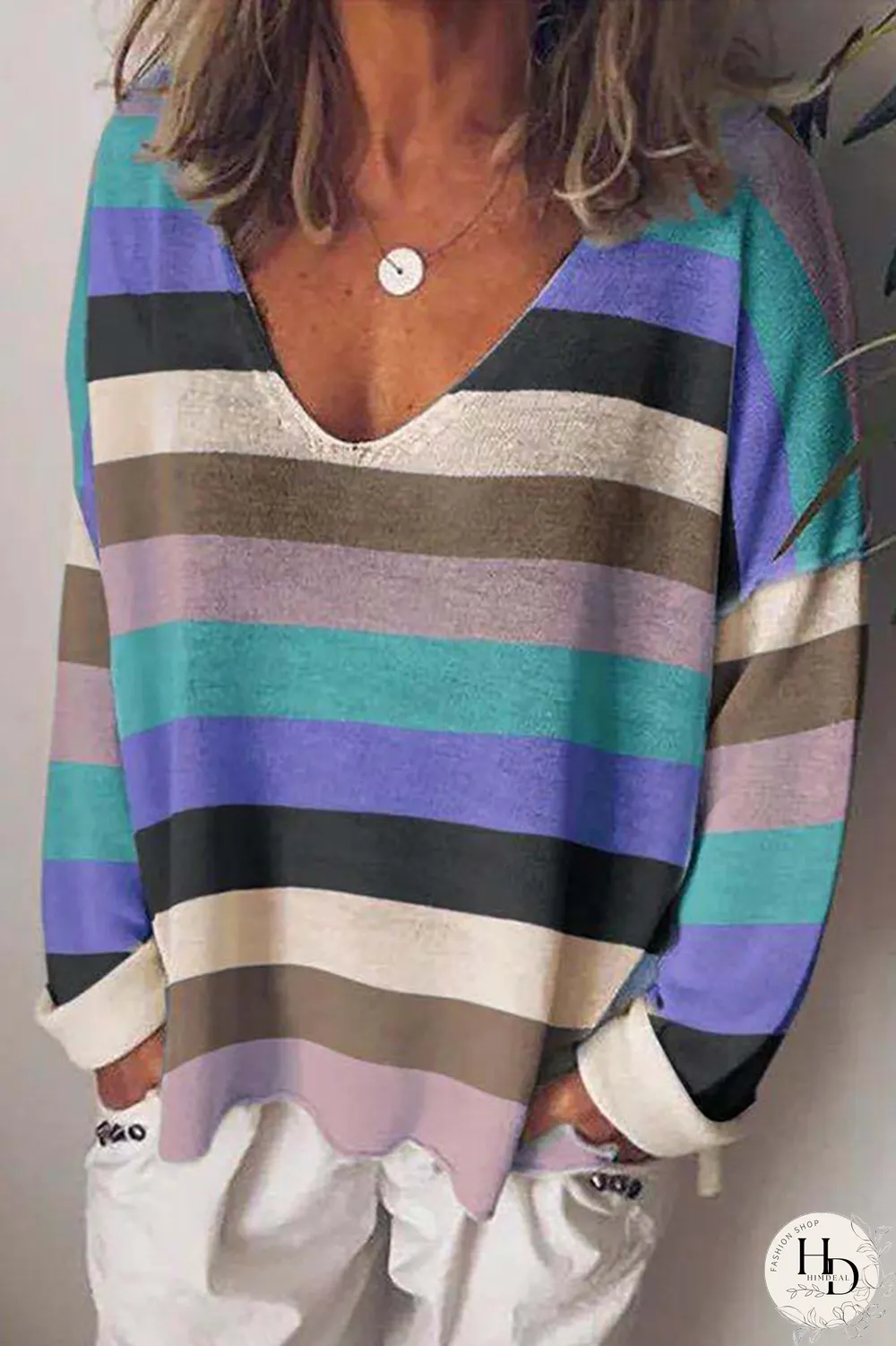 Casual Striped Split Joint V Neck Tops