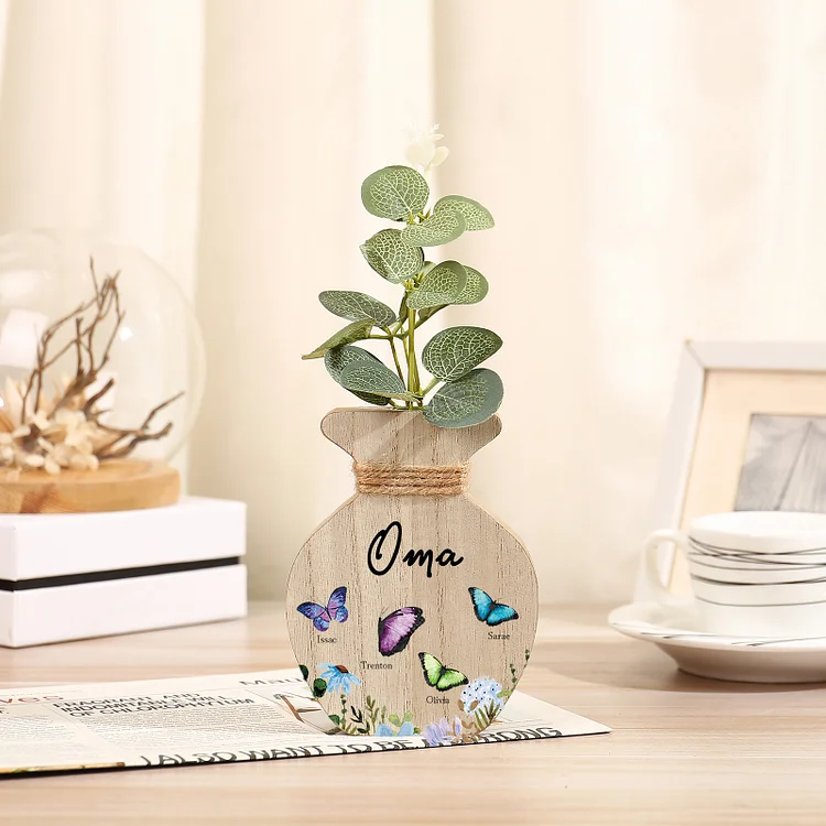 Kettenmachen Holz Personalisierter 4 Namen & Text Bunt Schmetterling & Blumen Familie Vase