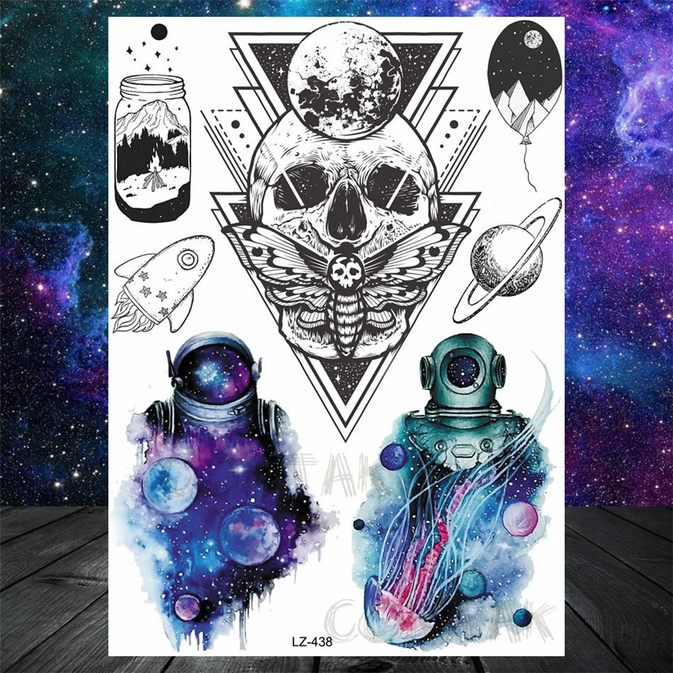 Realistic Fake Black Animal Temporary Tattoos Sticker For Men Women Geometric Wolf Outer Space Tatoo Temporary Decal For Kids