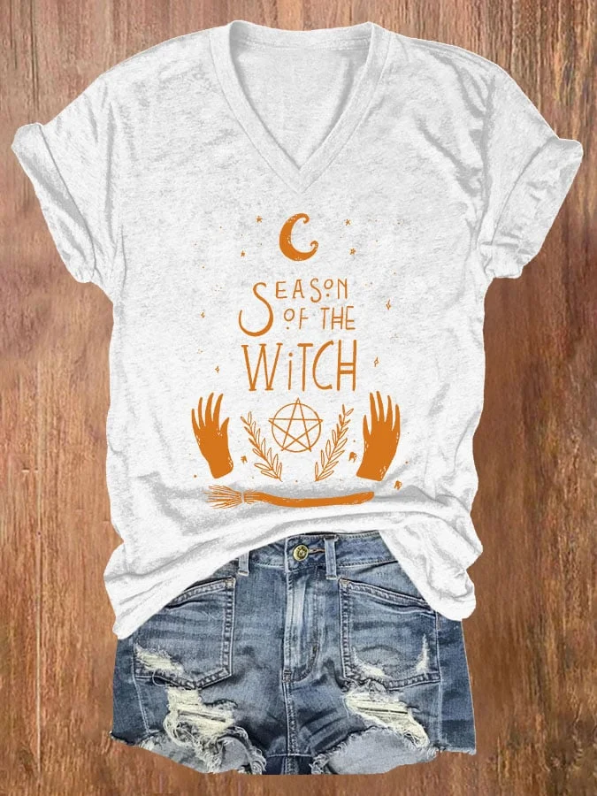 Women's Season Of The Witch Print Casual V Neck T-shirt