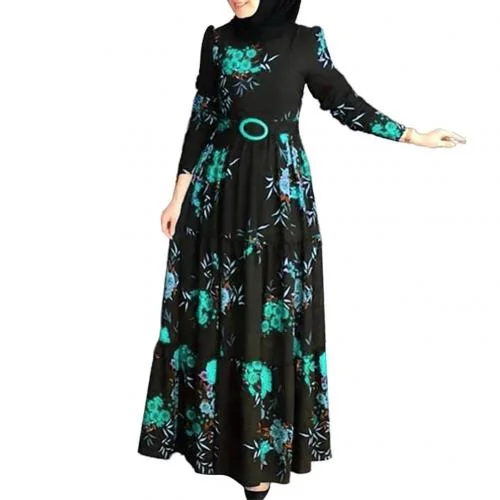 Muslim Abaya Dress Women Vintage Ethnic Floral Print Belt Maxi Kaftan Robe Long Sleeve Casual Long Dresses Party