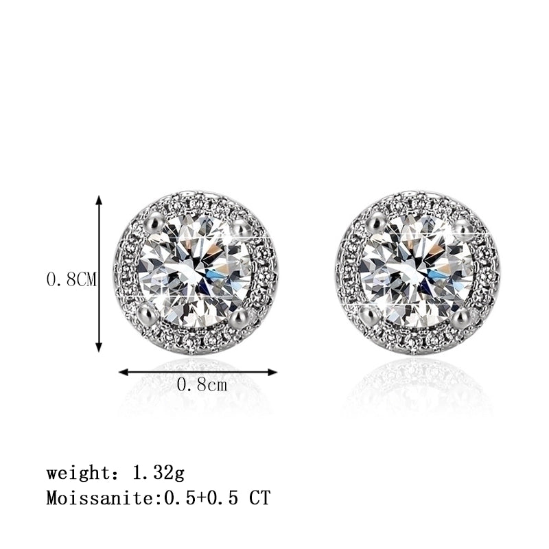 1 Pair 925 Sterling Silver Moissanite Round Ear Studs