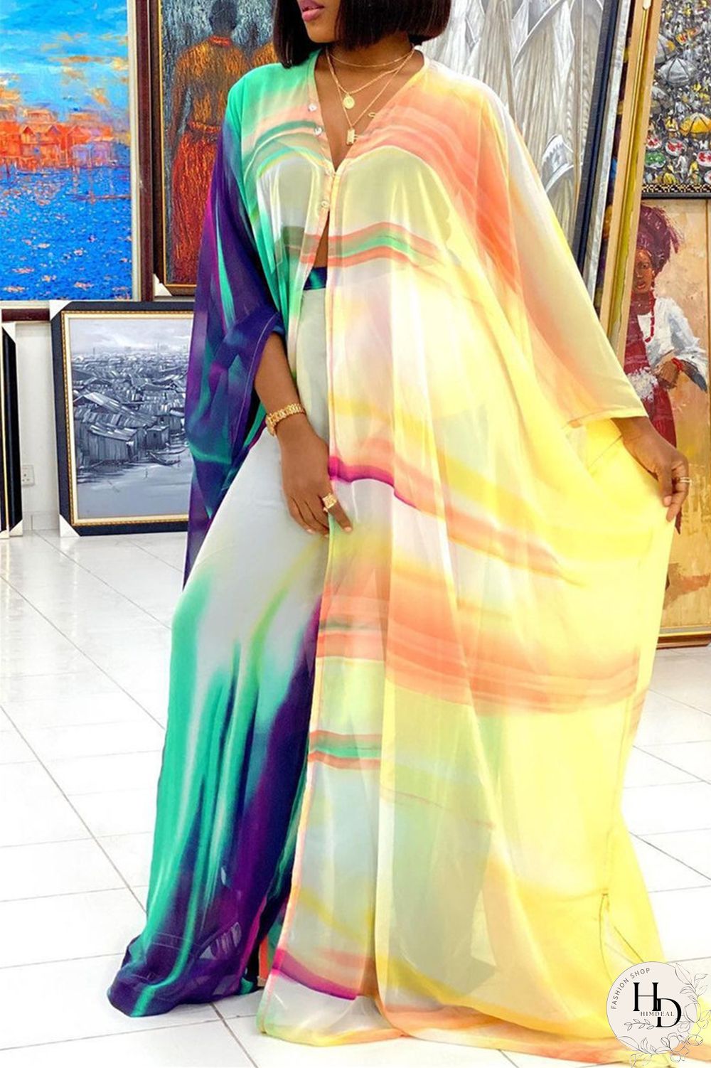 Blue Fashion Casual Print Slit V Neck Long Sleeve Two Pieces