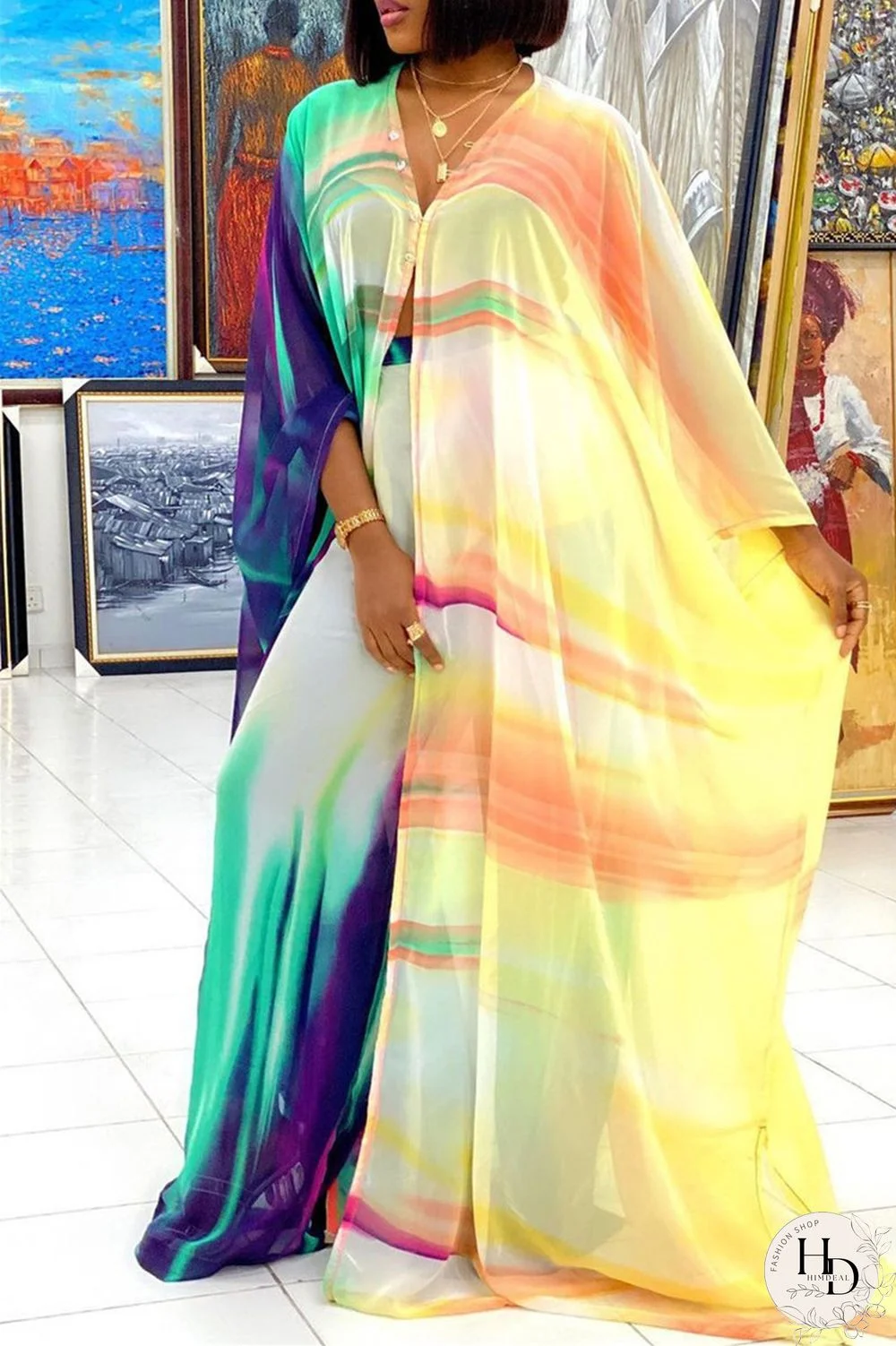 Blue Fashion Casual Print Slit V Neck Long Sleeve Two Pieces