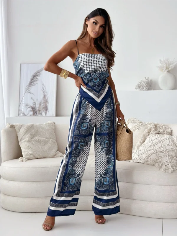 Ueong New Fashion Print Suspenders Strap Chest Positioning Flower Pants Suit Women's Clothing