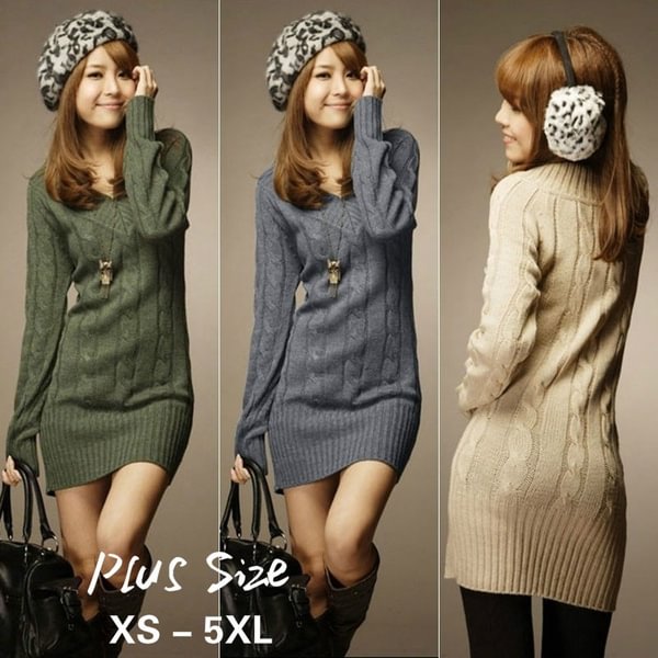 Plus Size XS-5XL Women New Fashion Autumn Long Sleeve Knit Slim Plus Size Tunic Sweater Dress - Shop Trendy Women's Fashion | TeeYours