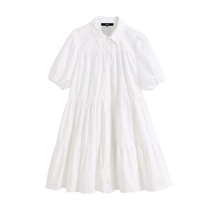 TRAF Women Sweet Fashion Ruffled White Mini Dress Vintage Lapel Collar Puff Sleeve Female Dresses Chic Vestidos Mujer