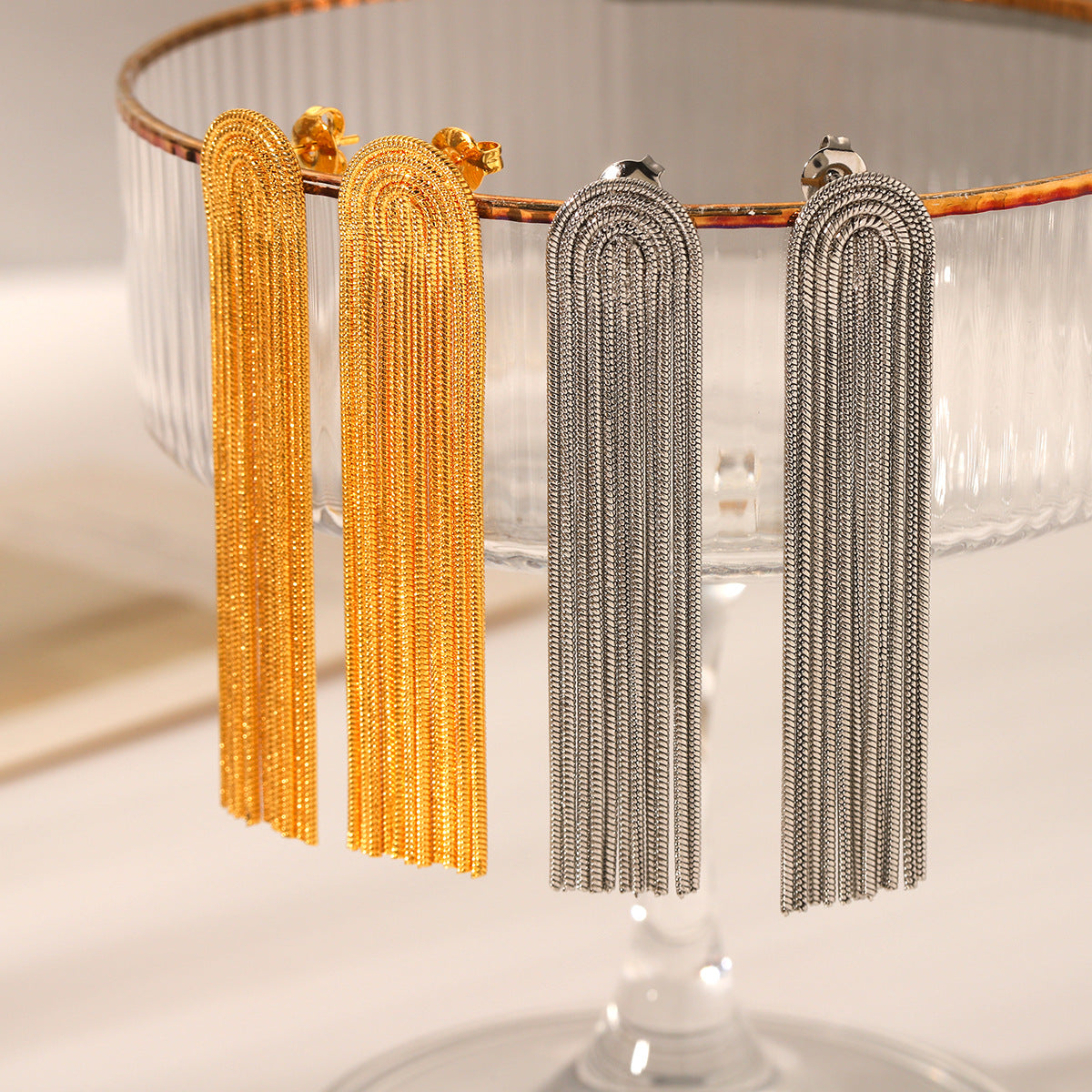 18K Gold Stainless Steel Long Chain Tassel Earrings Female Titanium Steel Earrings Ins Style Earrings