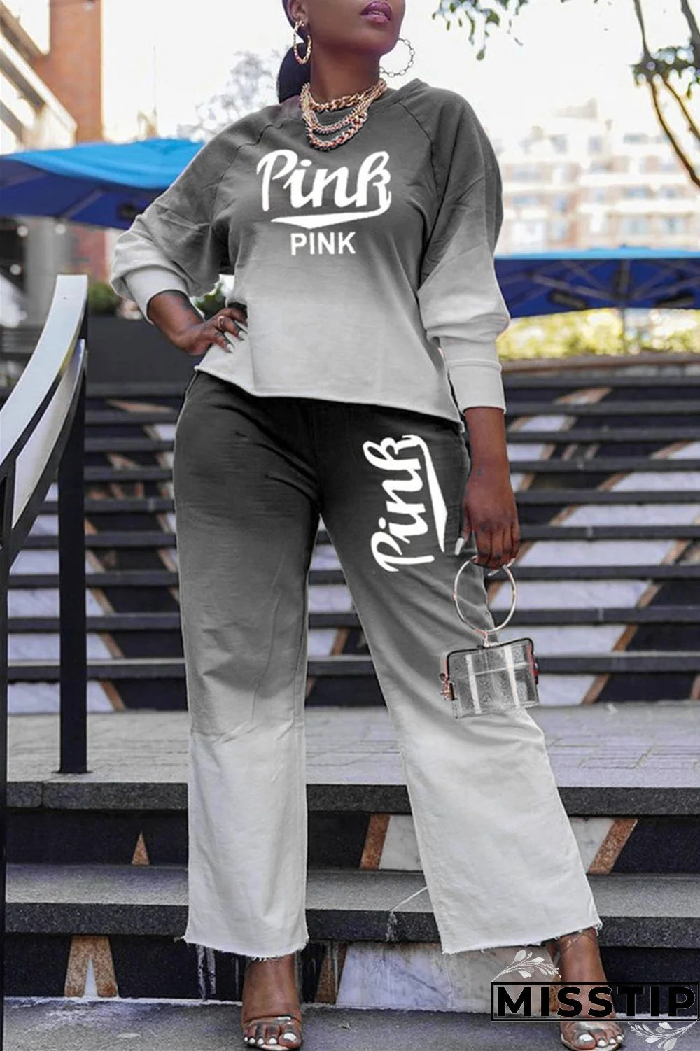 Blue Fashion Casual Gradual Change Letter Print Basic O Neck Long Sleeve Two Pieces