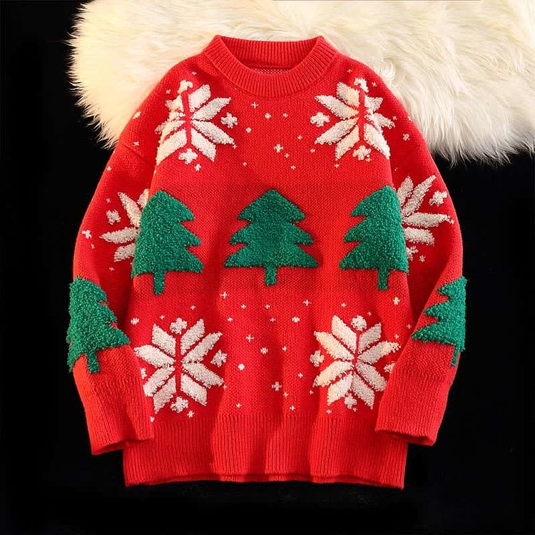 Christmas Tree Snowflake Pattern Round Collar Sweater - Modakawa Modakawa