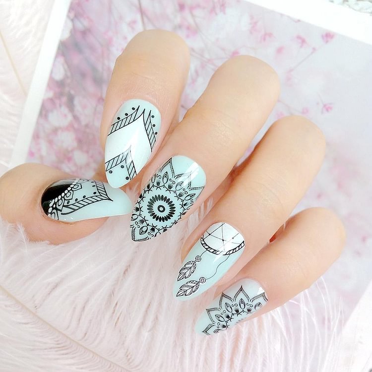 Dream Catcher Short Stiletto False Nails With Design Press On Artificial Fake Nails Tips DIY Full Cover Manicure Tool