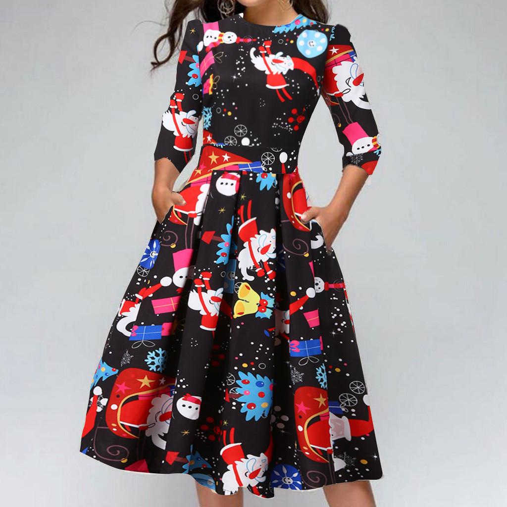 Mature Ladies Christmas Print Slim Round Neck Dress