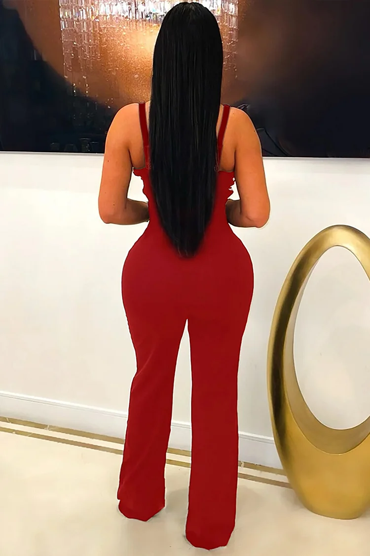 V Neck Colorblock Straight Leg Sleeveless Jumpsuit-Black