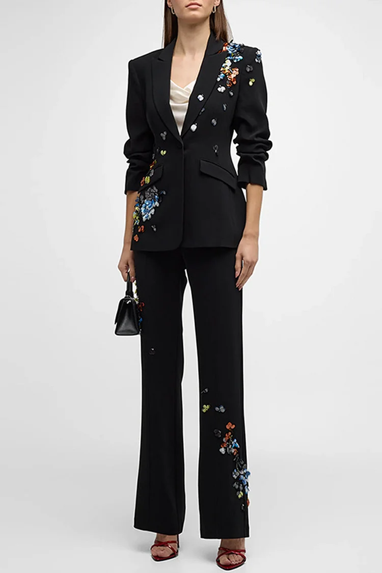 Colorful Sequin Floral One Button Two Piece Pant Suit-Black