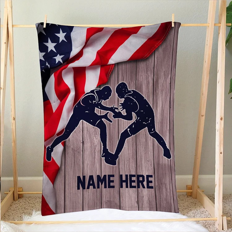 Personalized Wrestling Blanket, Wrestler & US Flag Soft Cozy Blankets | BKKid420
