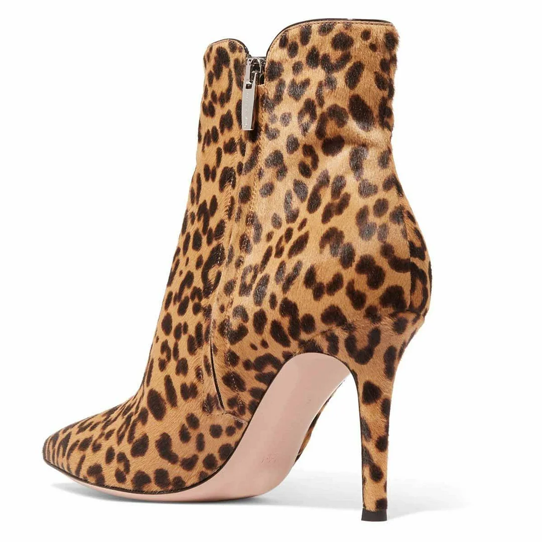 Brown & Black Pointed Toe Leopard Print Side Zipper Short Booties