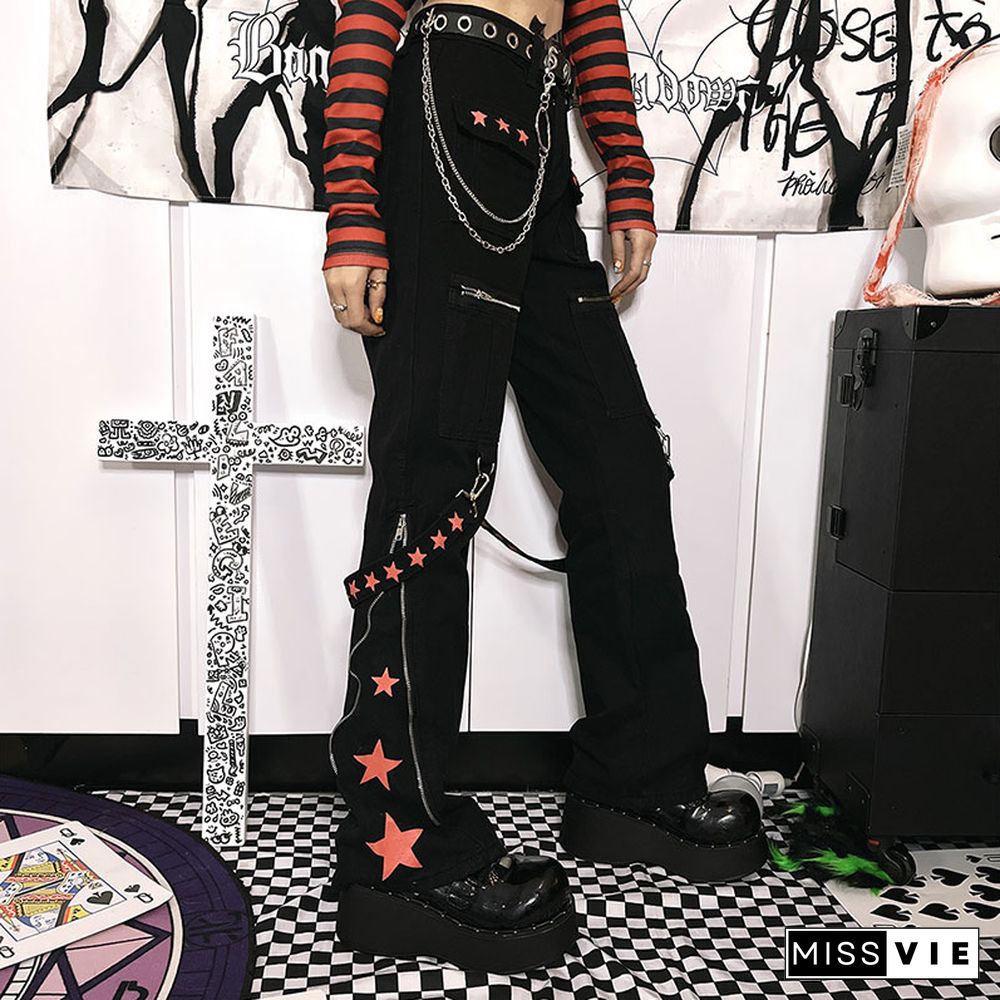 Star Print Ribbon Pocket Casual Denim Pants